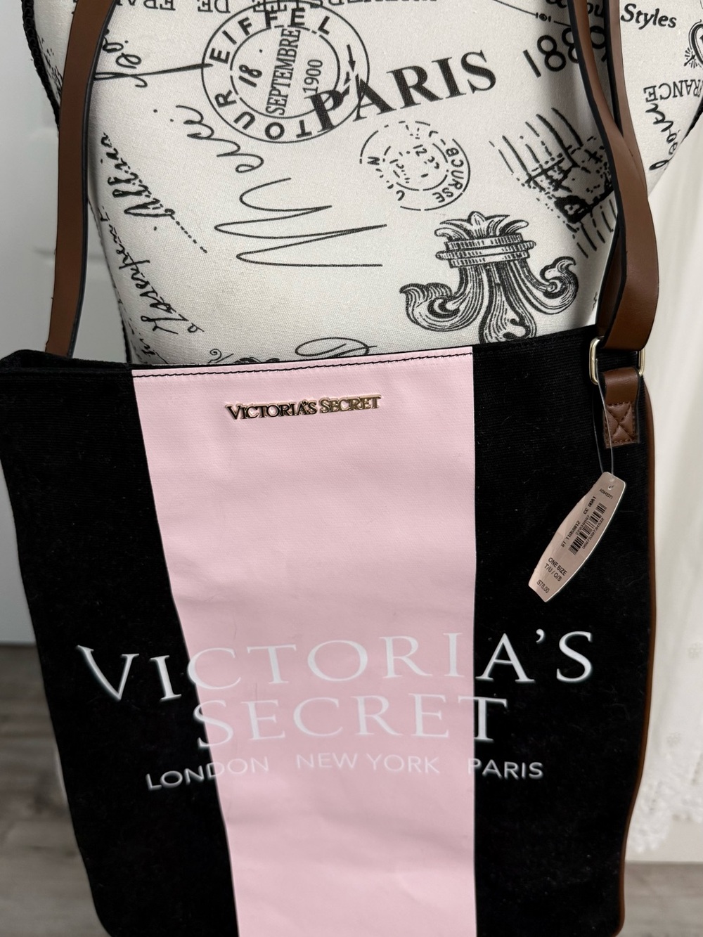 Victoria's Secret Pink and Black Vertical Stripe Tote with Brown Straps
